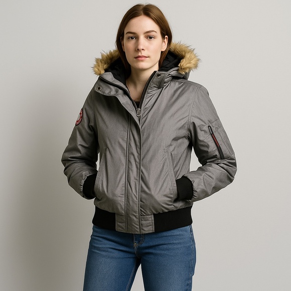 Canada Weather Gear Grey Faux Fur Trim Bomber Winter Jacket L - Picture 1 of 16